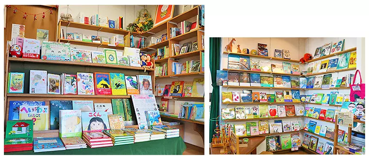 店頭の本棚と季節に合わせた本の並ぶ棚、子どもが遊べるスペースもある。