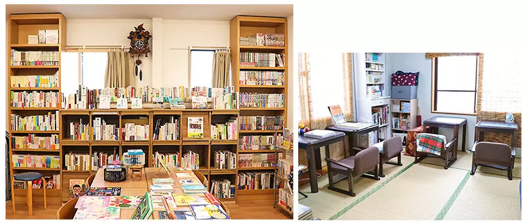 「本の本」などが並べられた棚と落ち着ける読書室